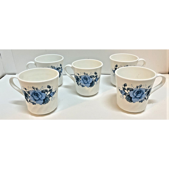 VINTAGE Corelle Cups BLUE VELVET ROSE Floral Swirl 5-Piece Set - Picture 3 of 4